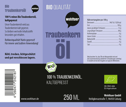 Wohltuer Bio Traubenkernöl kaltgepresst - 250ml
