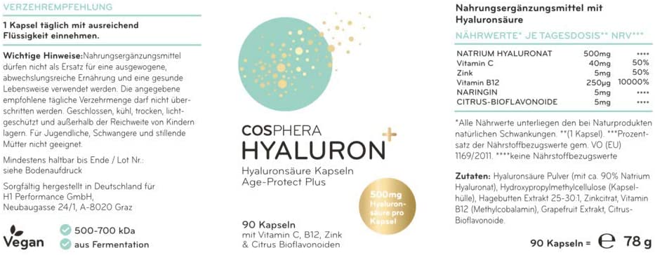 Cosphera Hyaluronsäure Kapseln 500 mg pro Kapsel - 90 Kapseln