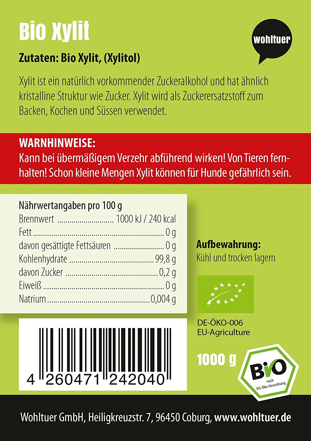 Wohltuer Bio Xylit Zucker - Birkenzucker im Beutel 1000g