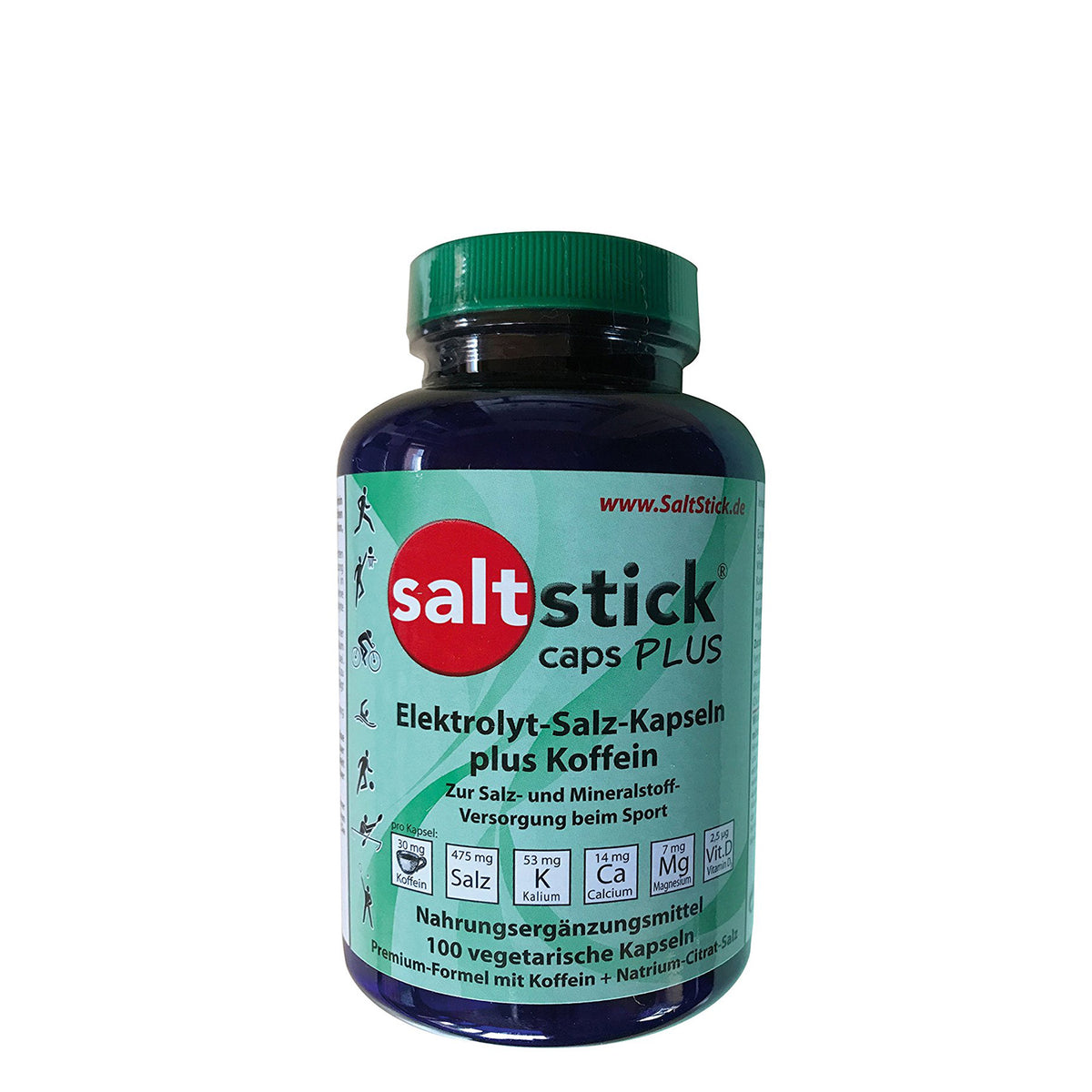 SaltStick Caps Plus Dose mit grünem Deckel vor weißem Hintergrund, Etikett mit Angaben zu elektrolyte, salz, kapseln und koffein, keine weiteren Gegenstände sichtbar.