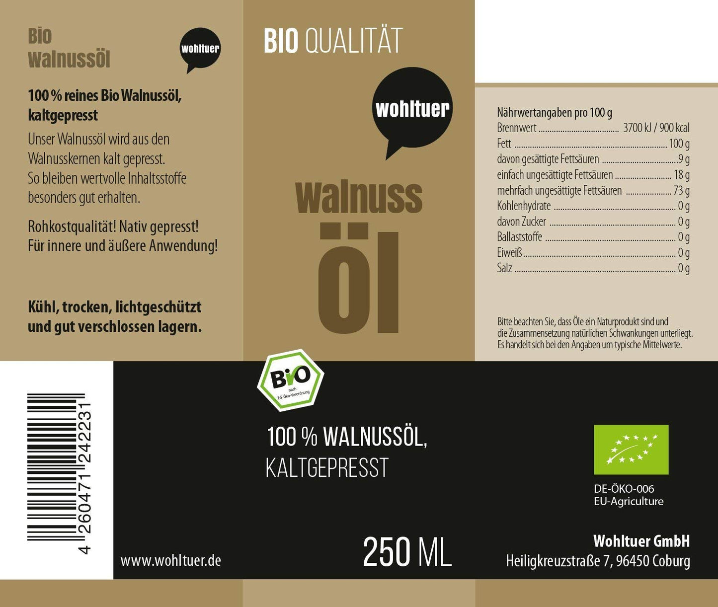 Wohltuer Bio Walnussöl kaltgepresst - 250ml