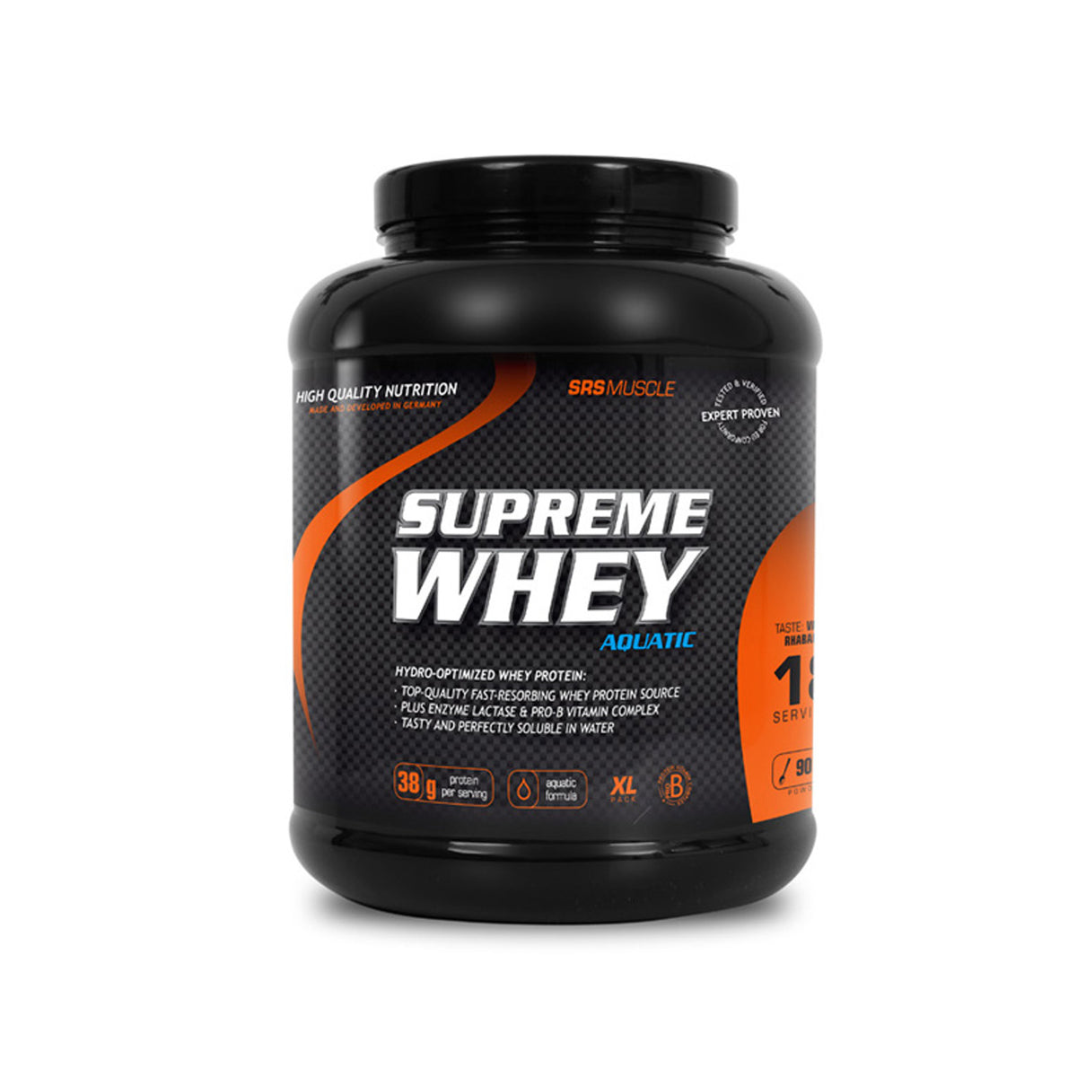 SRS Muscle Supreme Whey Protein 1900g Dose frontal auf weißem Hintergrund, Produktetikett gut lesbar.