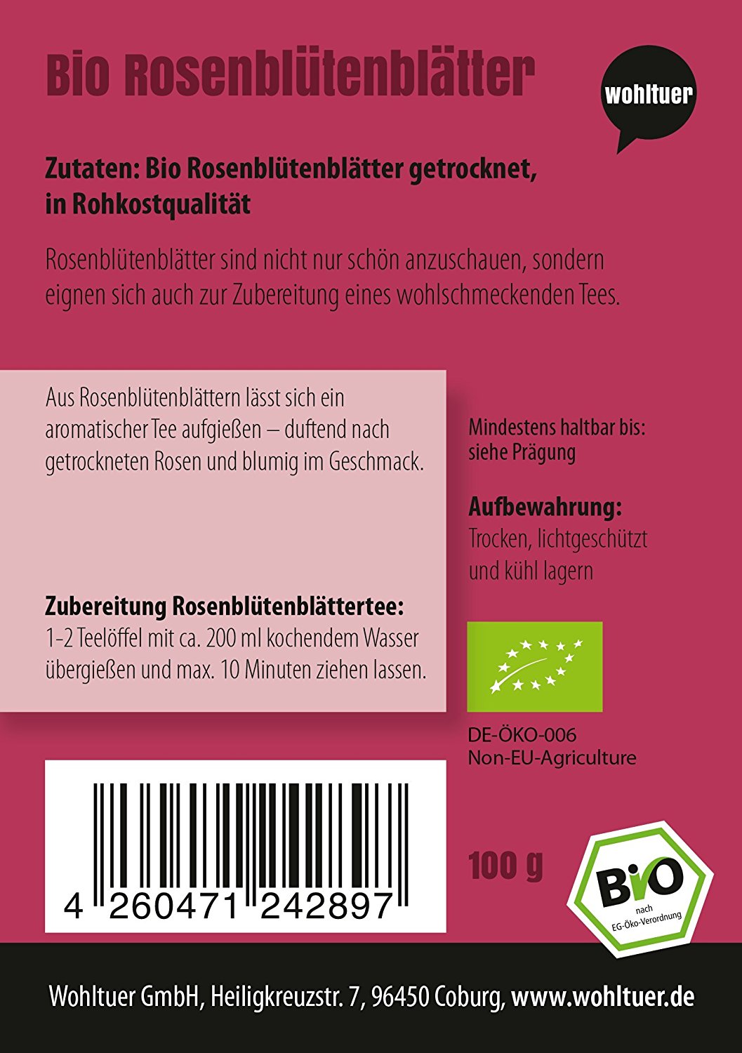 Wohltuer Bio Rosenblütenblätter Tee, Essenzen, Bädern, Küche 100g - fit and life shop