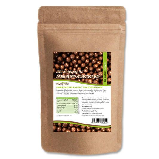 Mynatura gefriergetrocknete Himbeeren in Zartbitterschokolade – 1kg