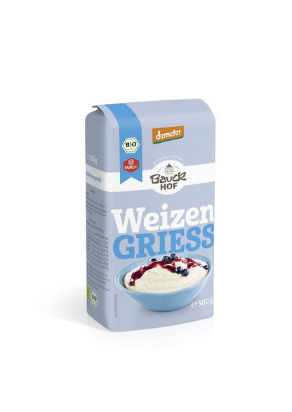 Bio Weizengrieß von Bauckhof, Demeter-Qualität, in einer Verpackung mit 2 x 500 g für Kochen und Backen.