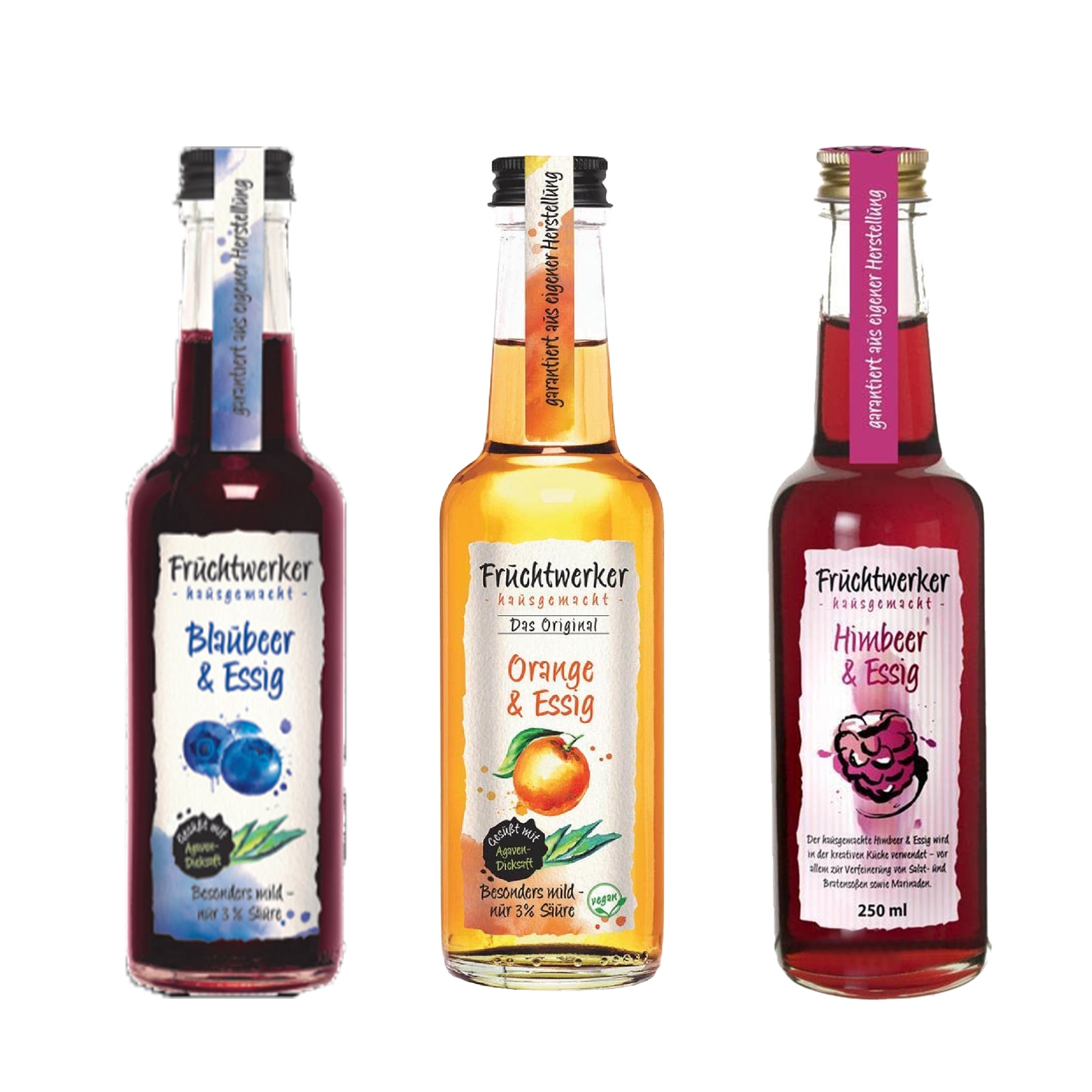 Fruchtwerker Essig und Frucht Set - Blaubeere + Orange + Himbeere - fit and life shop