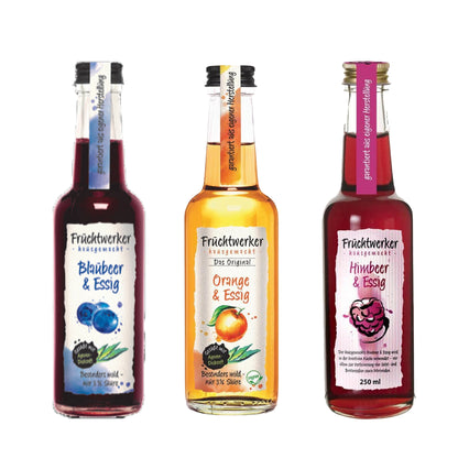 Fruchtwerker Essig und Frucht Set - Blaubeere + Orange + Himbeere - fit and life shop