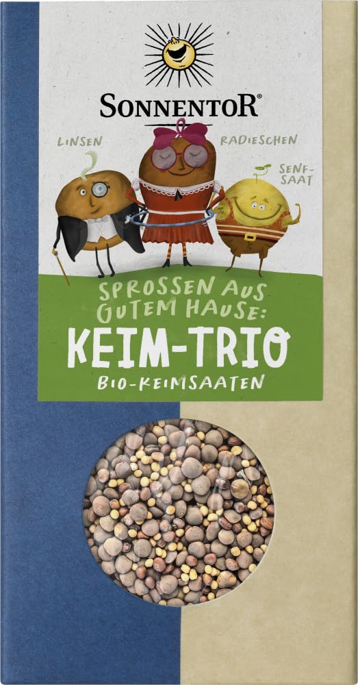 Bio Keim-Trio von Sonnentor, Saaten in nachhaltiger Verpackung, zeigt verschiedene Keim-Saaten in Gläsern.