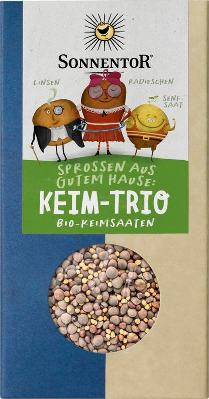 Bio Keim-Trio von Sonnentor, Saaten in nachhaltiger Verpackung, zeigt verschiedene Keim-Saaten in Gläsern.