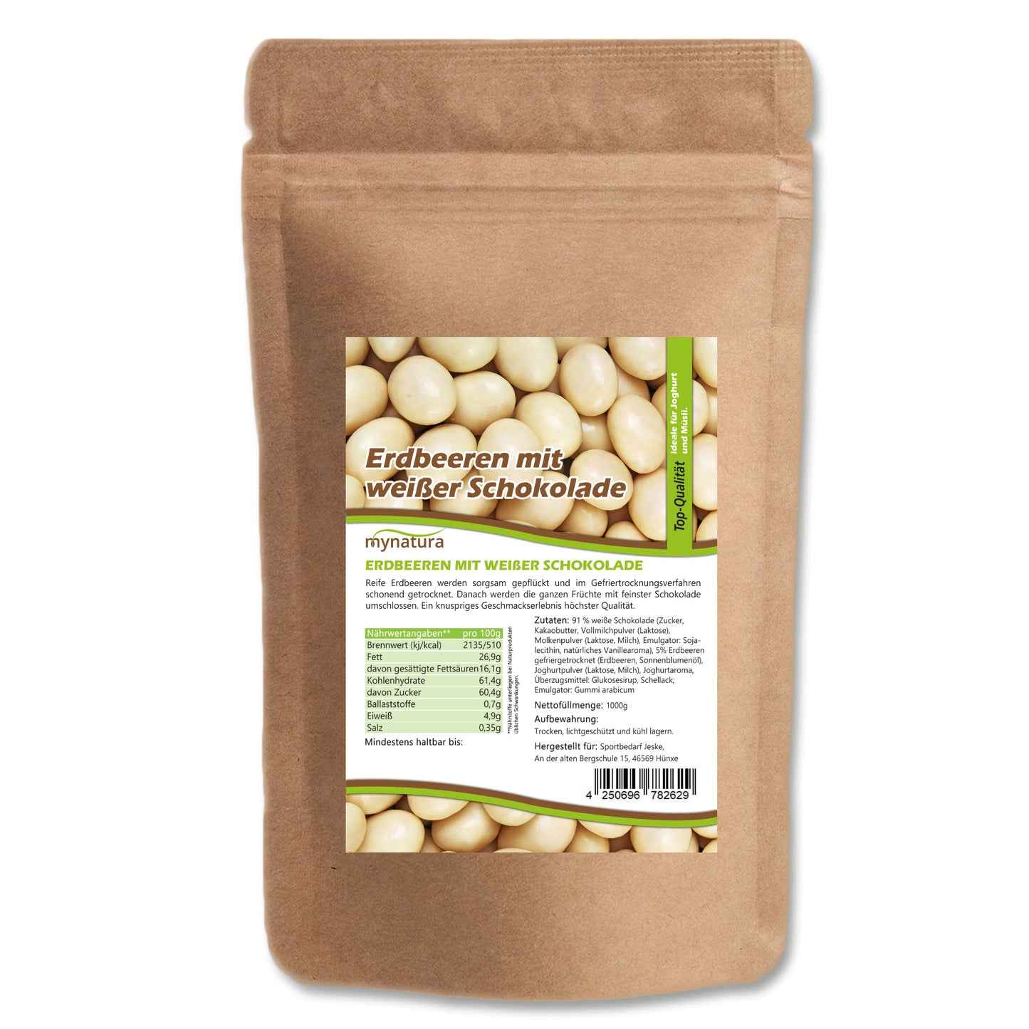 Mynatura gefriergetrocknete Erdbeeren in weißer Schokolade - ab 1000g - fit and life shop