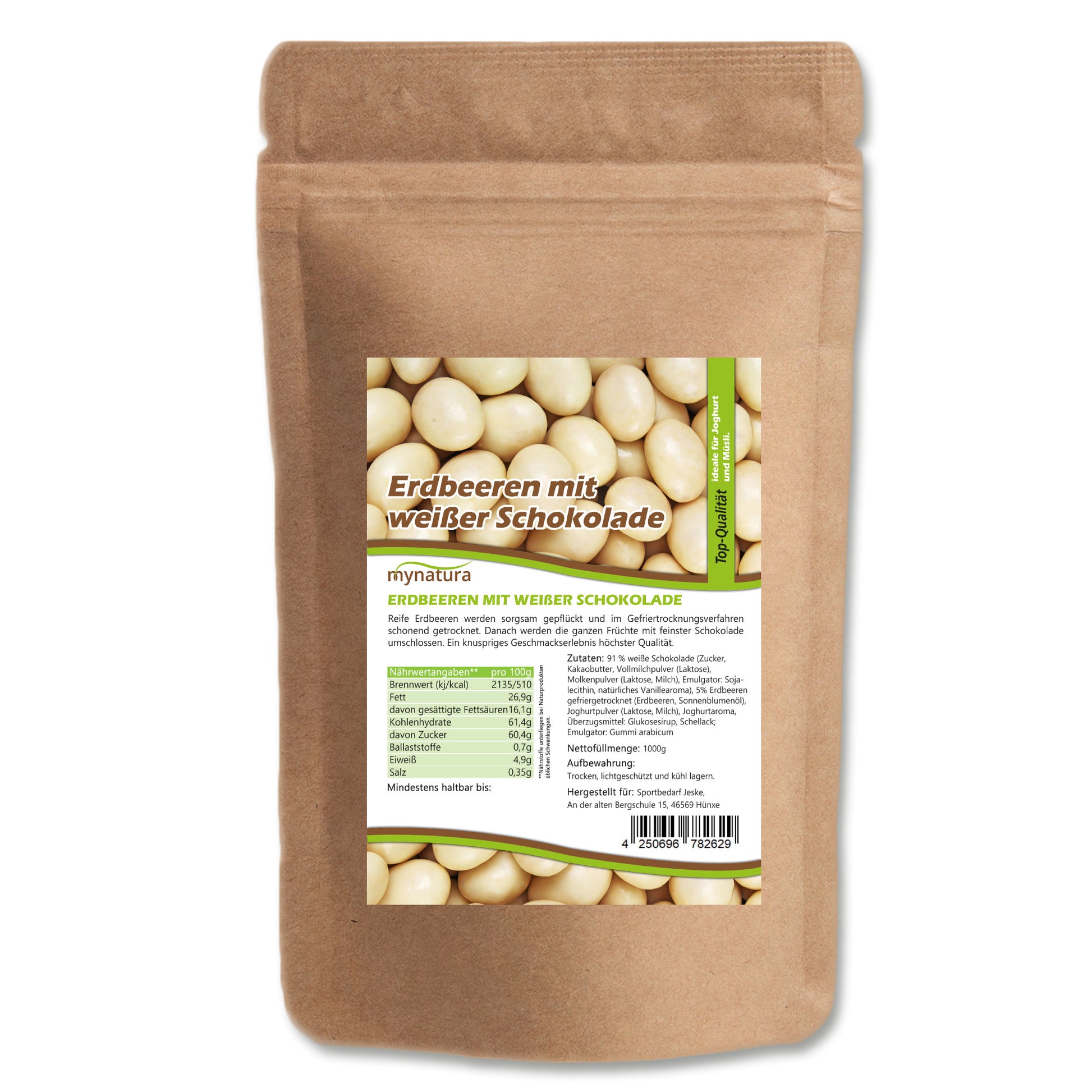 Mynatura gefriergetrocknete Erdbeeren in weißer Schokolade - ab 1000g - fit and life shop