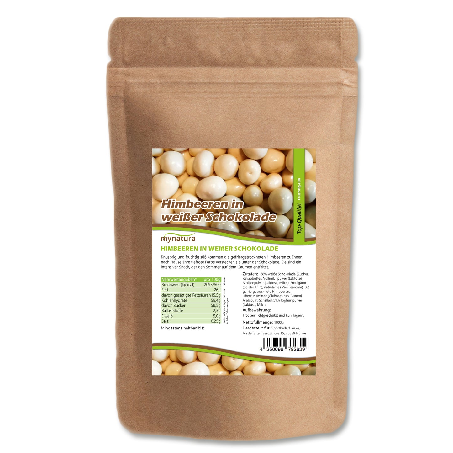 Gefriergetrocknete Himbeeren in weißer Schokolade – ab 1000g - fit and life shop