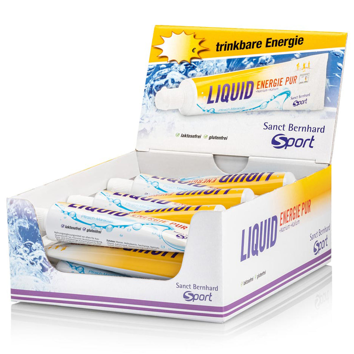 sanct bernhard sport liquid energie Tuben in einer offenen Box, Tuben liegen gestapelt, keine ausgelaufene Flüssigkeit sichtbar.