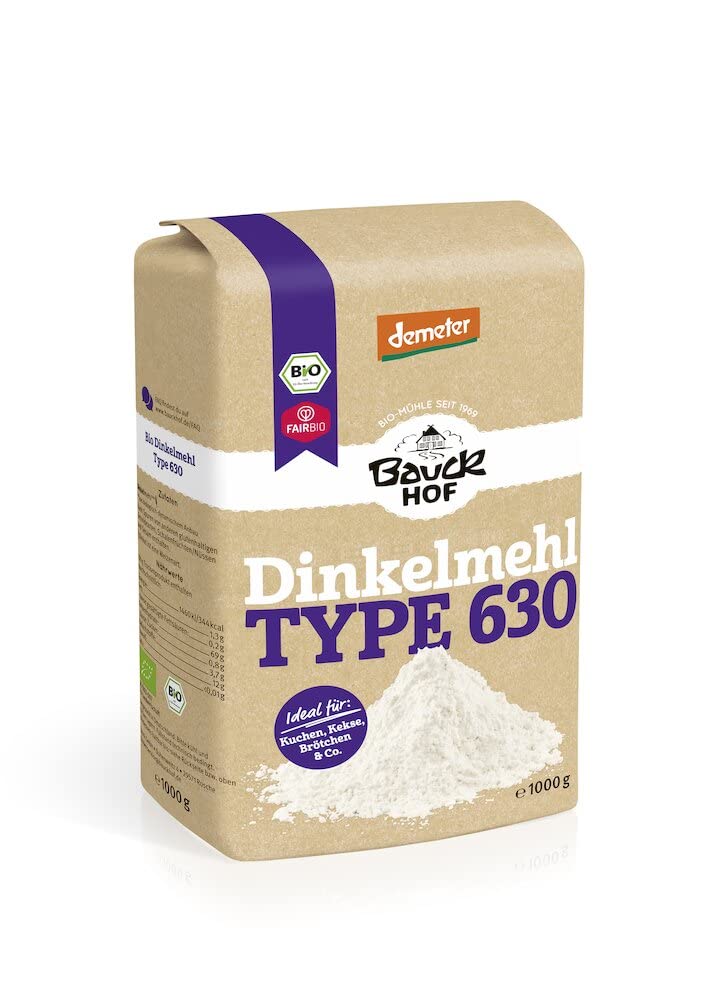 Bauckhof Bio Dinkelmehl Typ 630 hell, Demeter, 1kg, feines helles Vollkornmehl für das Kochen und Backen