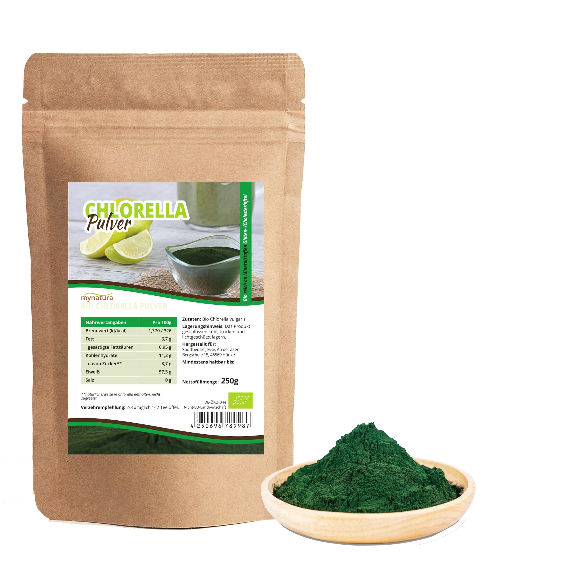 Mynatura Bio Algen Set mit Dulse-Flocken, Chlorella- und Spirulina-Pulver auf weißem Hintergrund