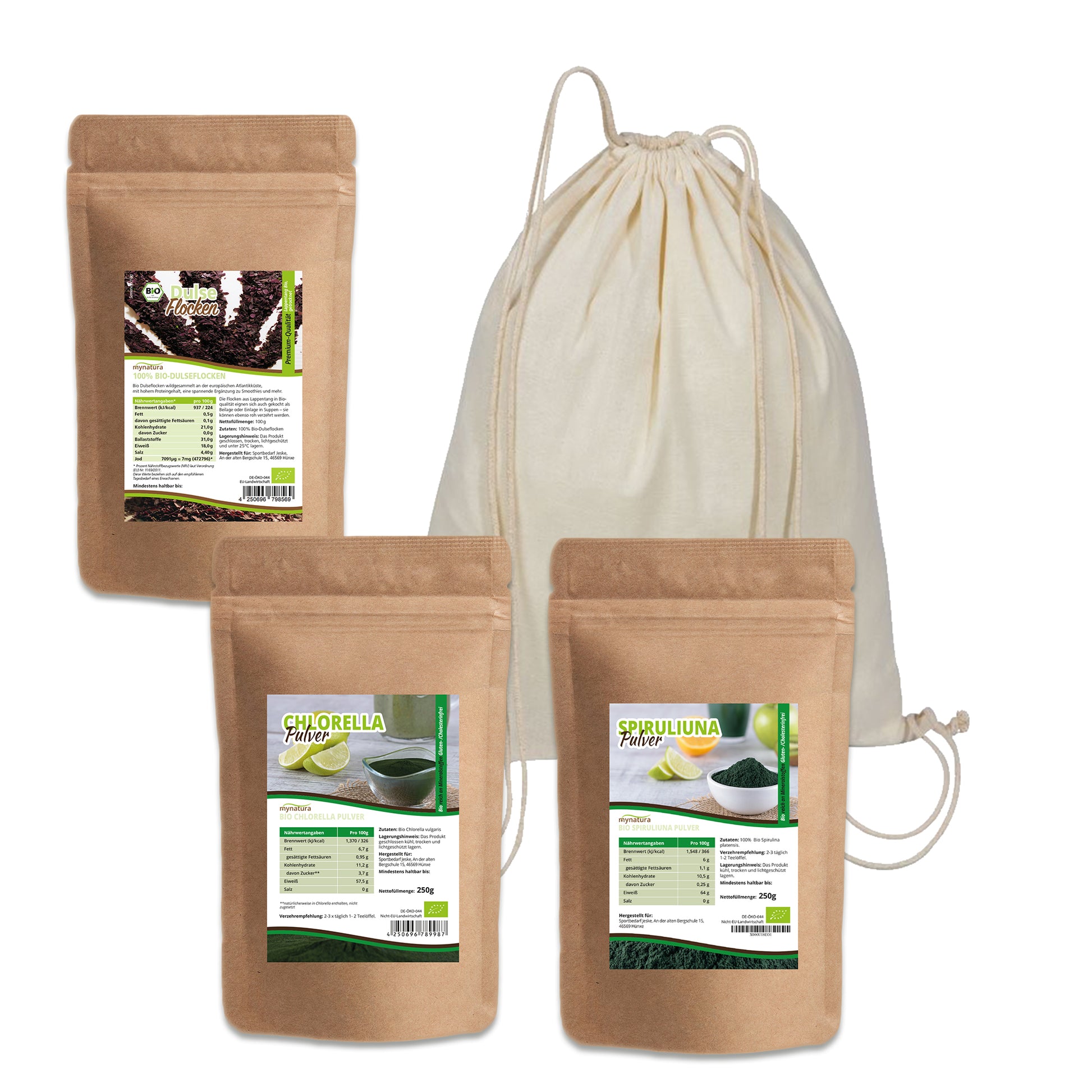 Mynatura Bio Algen Set mit Dulse-Flocken, Chlorella- und Spirulina-Pulver, vielfältige grüne Superfood-Algen in naturbelassener Verpackung