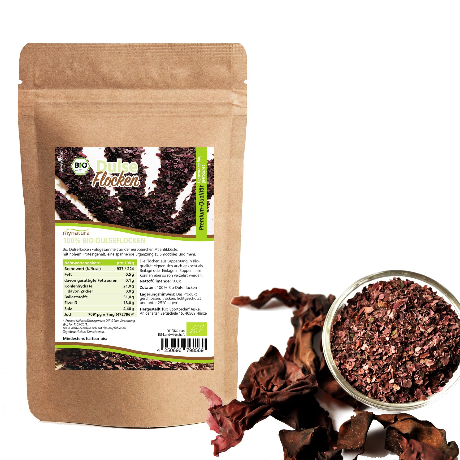 Mynatura Bio Algen Set mit Dulse Flocken, Chlorella Pulver und Spirulina Pulver auf weißem Hintergrund
