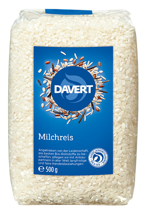 Bio Milchreis von Davert in einer Schüssel, zum Kochen geeignet, cremig und frisch, in einer 500 g Packung.