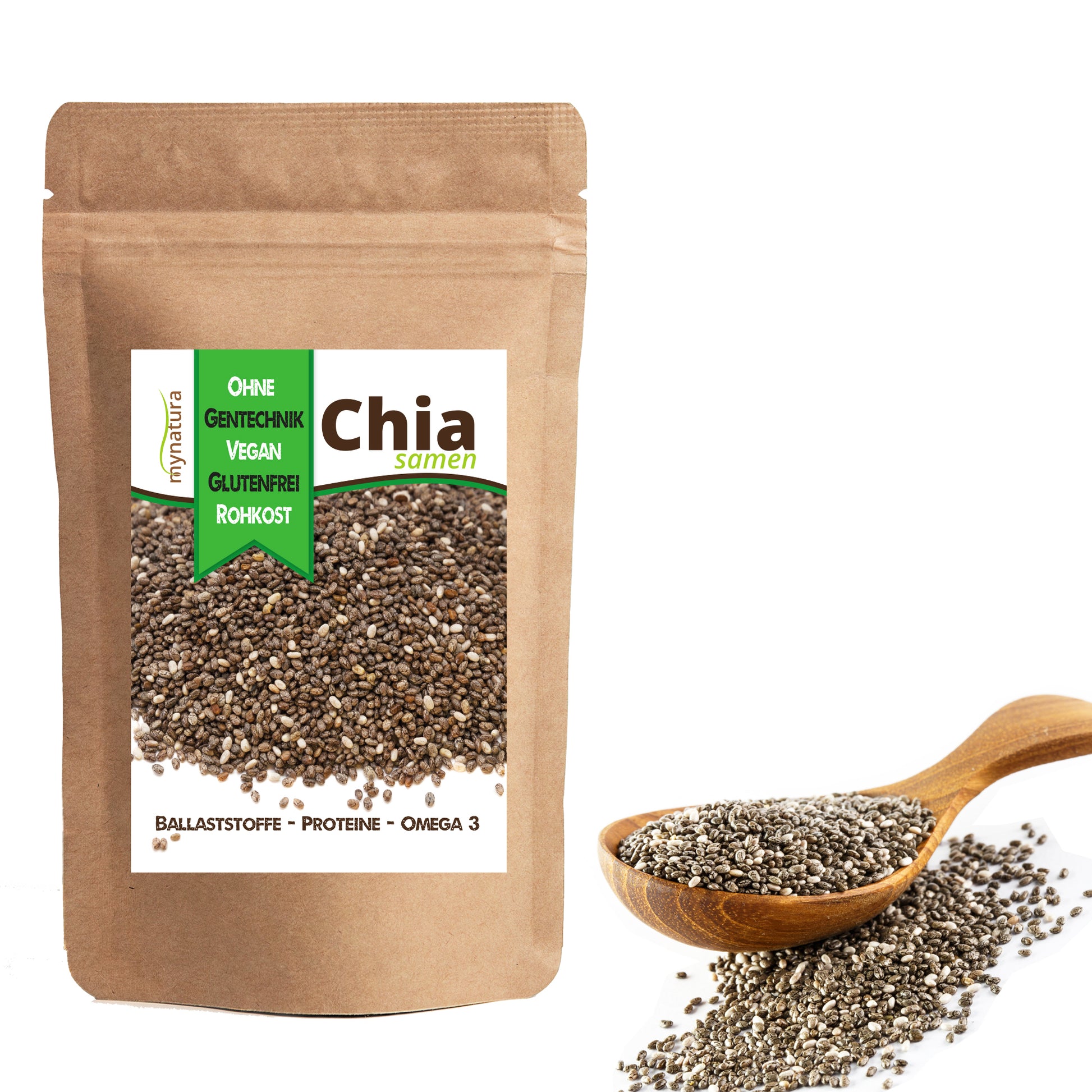 Mynatura Chia Samen, Superfood in 1000g Verpackung, feine kleine Chia-Samen in transparentem Behälter sichtbar