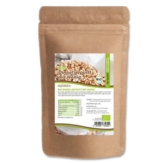 Mynatura Bio Dinkel gepufft mit Honig –  400g Beutel in verschiedenen Größen