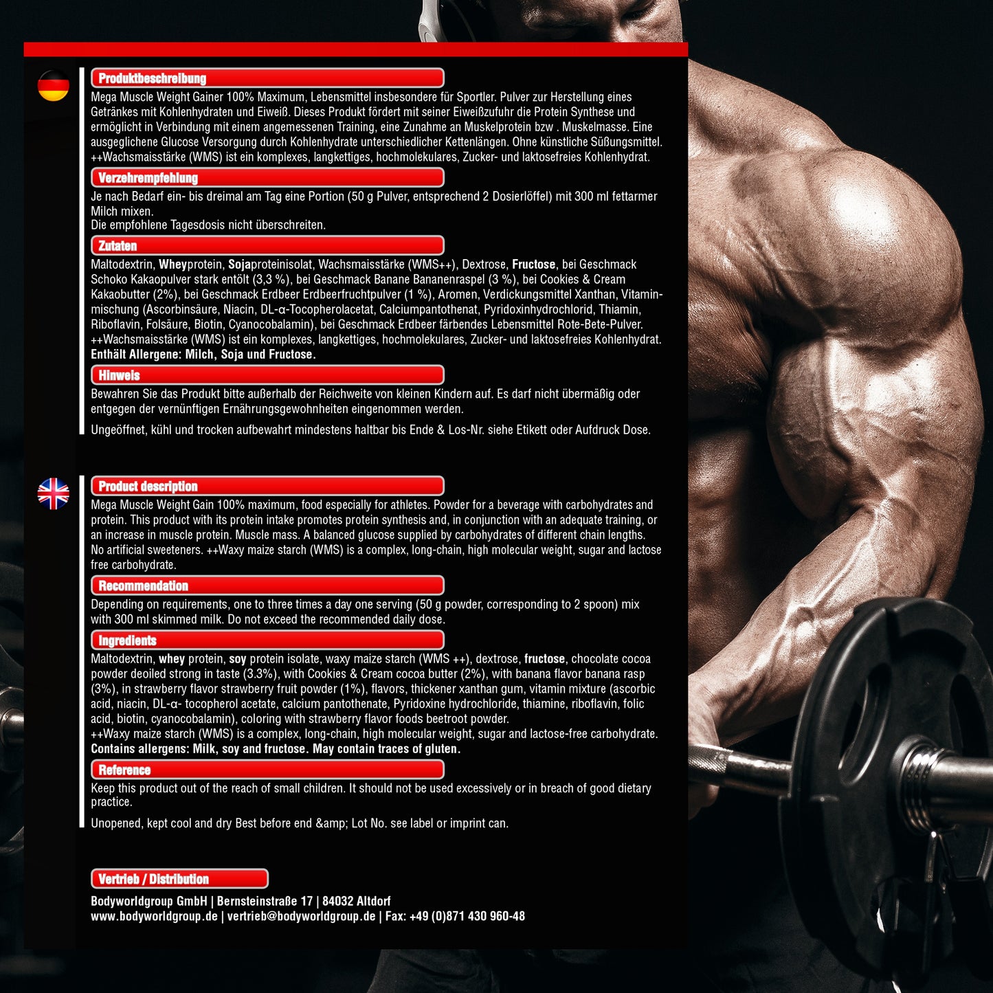 BodyworldGroup BWG Mega Muscle Weight Gainer mit verschiedenen Geschmacksrichtungen, 5kg Pulver für Muskelaufbau