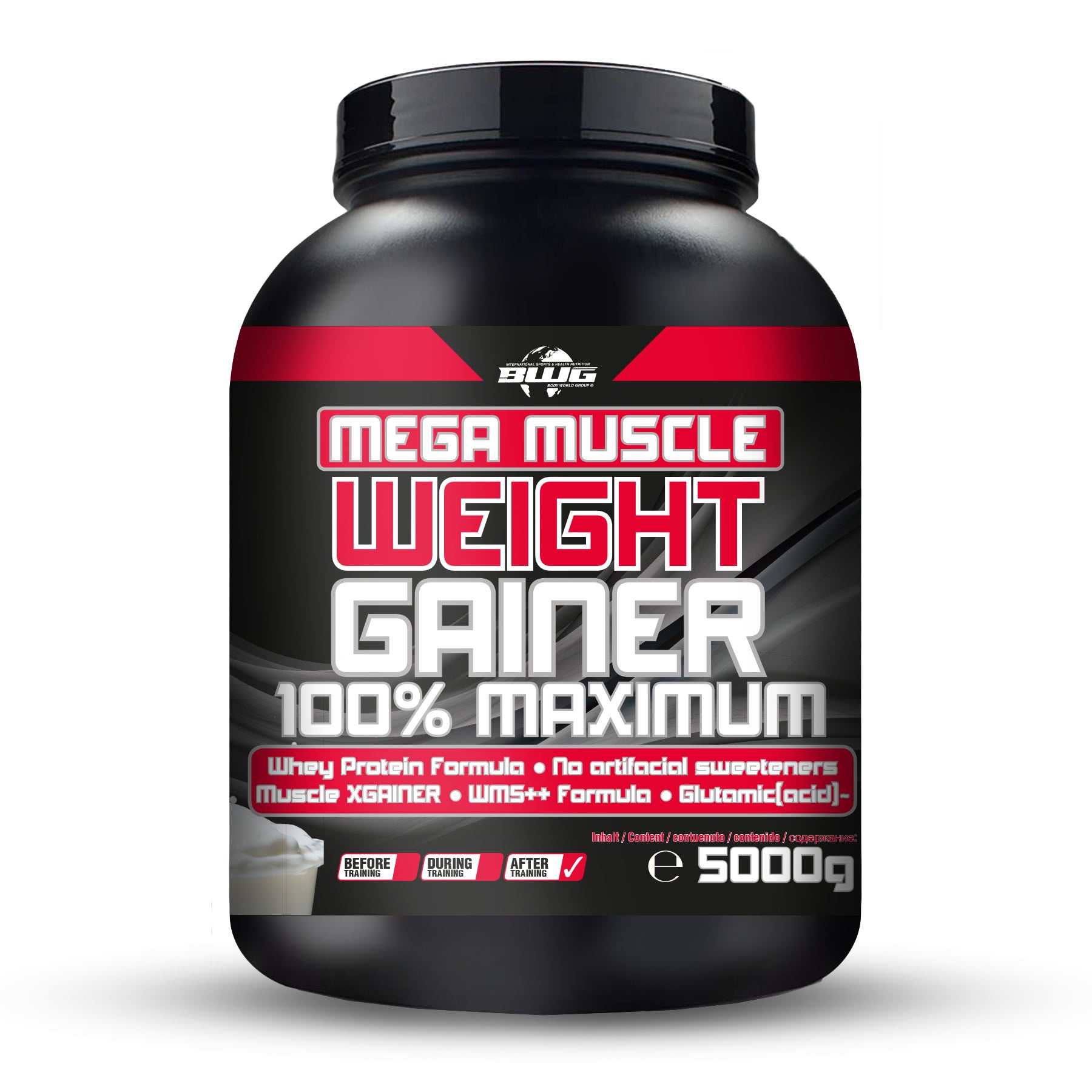 BWG Mega Muscle Weight Gainer von BodyworldGroup in verschiedenen Geschmacksrichtungen, 5kg Verpackung, proteinreich und sättigend