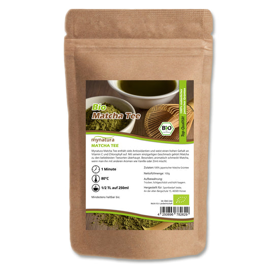 Bio Matchapulver von Mynatura in einer Schale, feines grünes Pulver, Kräuter- und Tee-Produkt, naturbelassen, für Getränke und Rezepte