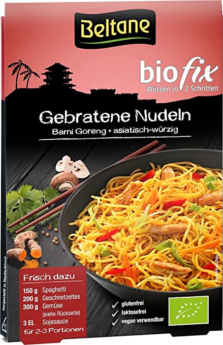 Gebratene Nudeln von Beltane Biofix, 5 Packungen à 15,90 g, für Kochrezepte, appetitlich angerichtet in einer Schüssel.