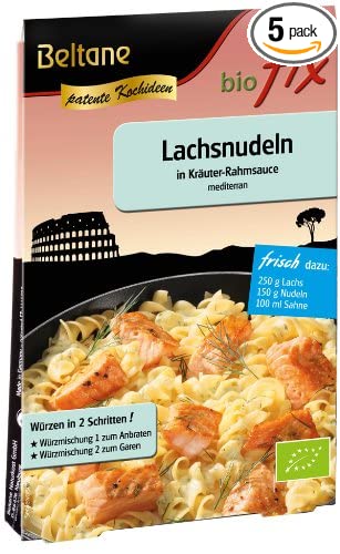 Beltane Biofix Lachsnudeln, frische Bio-Lachsnudeln, perfekt für Kochen, auf einem weißen Teller präsentiert