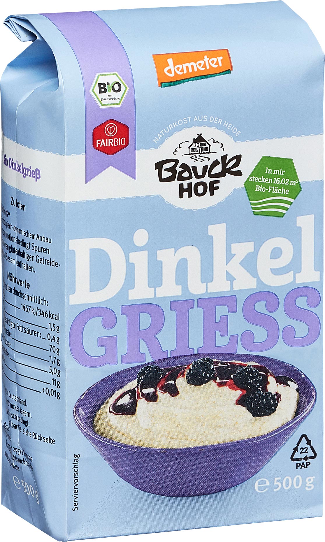 Bio Dinkel Vollkorngrieß von Bauckhof, Frühstücksprodukt, in 500g Packung, zeigt eine Schüssel mit gekochtem Dinkelgrieß
