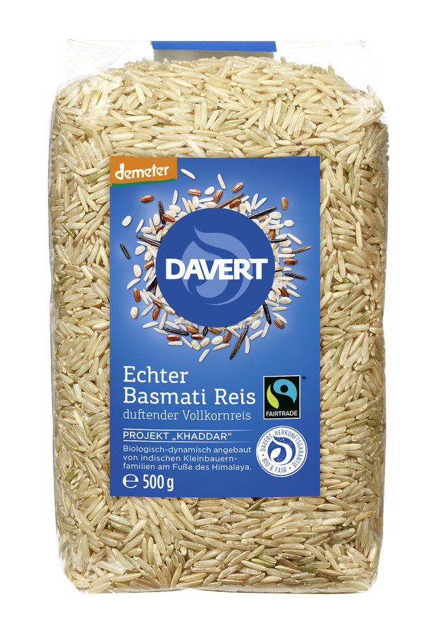 Bio Basmati Reis von Davert, braun und ungekocht, in einer 500g Packung, perfekt zum Kochen und gesunden Essen.