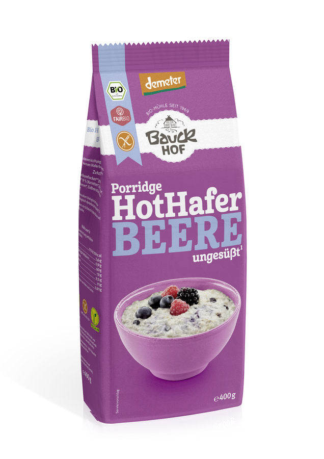 Bio Hot Hafer Beere Frühstück von Bauckhof, glutenfrei, Demeter, in 400g Packung, warm serviert mit Beeren und Sirup