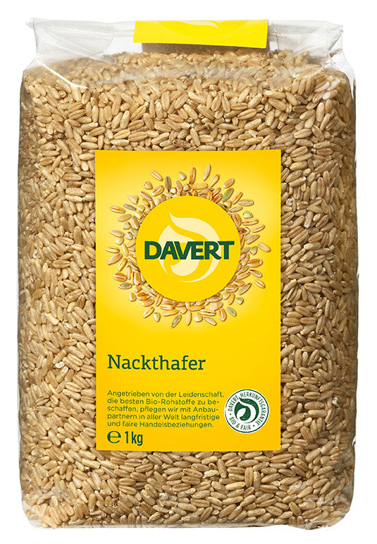 Bio Nackthafer von Davert, unverarbeiteter Hafer in Naturqualität, in einer 1 kg Packung für gesunde Ernährung.