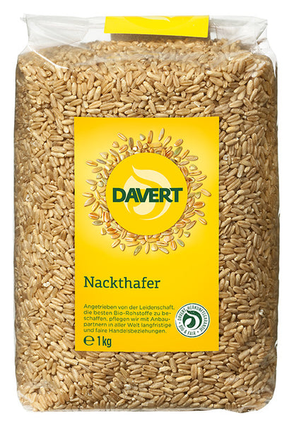 Bio Nackthafer von Davert, unverarbeiteter Hafer in Naturqualität, in einer 1 kg Packung für gesunde Ernährung.