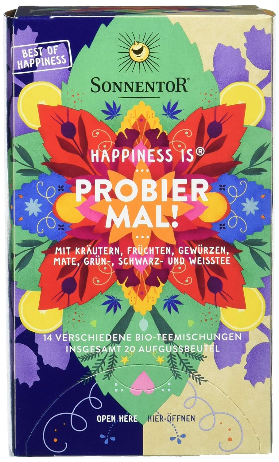 Bio-Tee von Sonnentor, Probier mal! Happiness ist, mit einer Packung mit 3x32g Teeblättern und Kräutern.