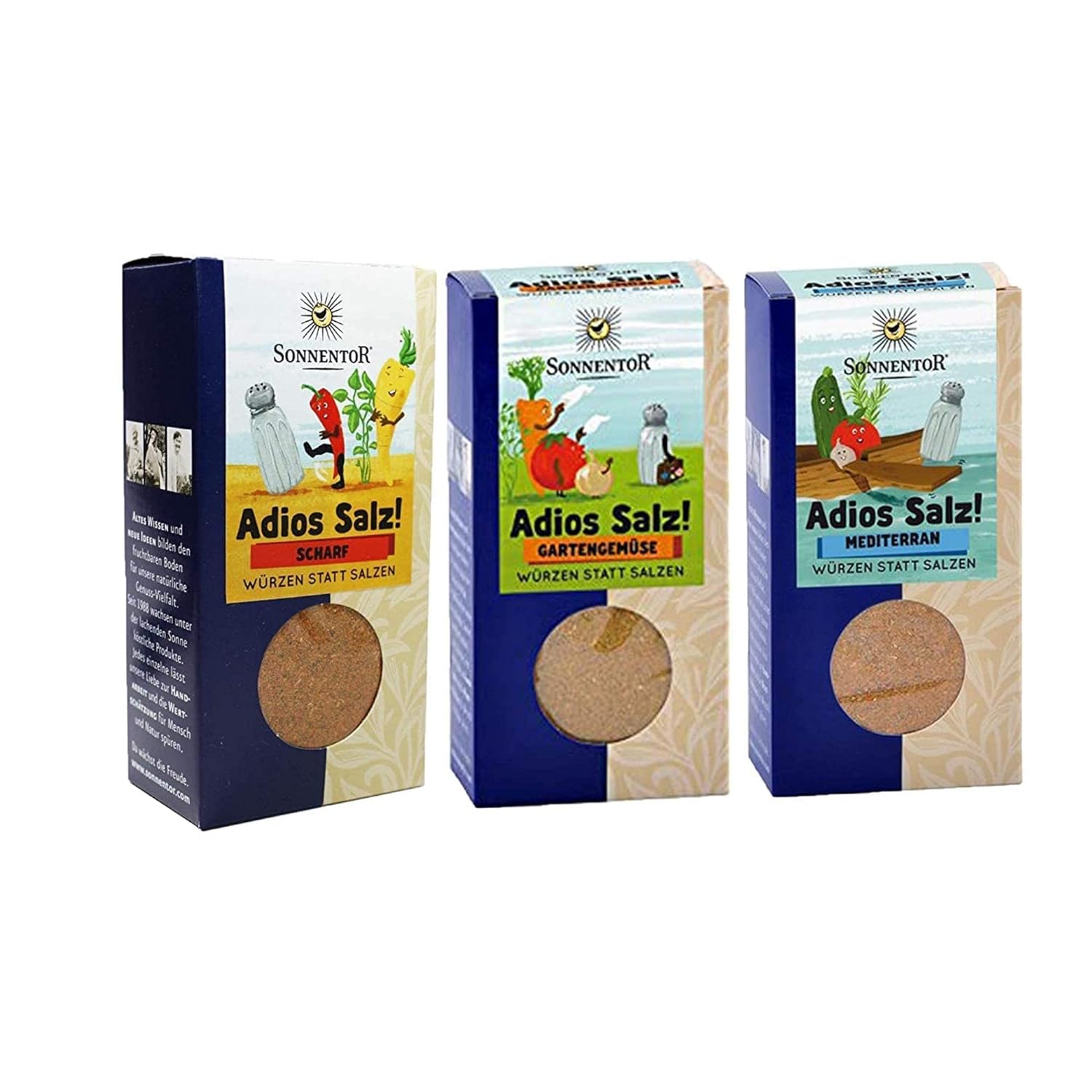 Sonnentor Bio-Gewürz Adios Salz: scharfes Gewürz für Gartengemüse und mediterrane Gerichte, in einer Gewürzpackung.