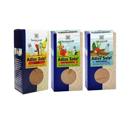 Sonnentor Bio-Gewürz Adios Salz: scharfes Gewürz für Gartengemüse und mediterrane Gerichte, in einer Gewürzpackung.