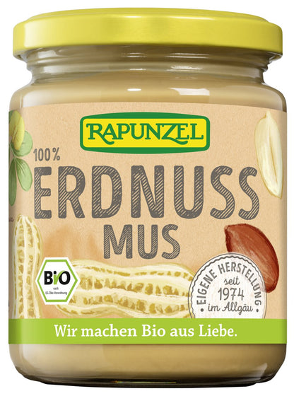 Feines Bio Erdnussmus von Rapunzel in 250g Glas, ideal zum Kochen und für gesunde Snacks, cremige Konsistenz.