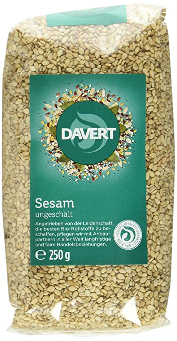 Bio Sesam ungeschält von Davert in 250g Verpackung, ungeöffneter Sesam mit sichtbarer brauner Schale für Kochen und Backen