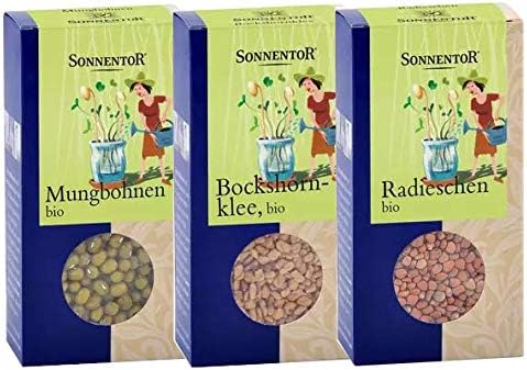 Bio-Sprossenset von Sonnentor mit Mungbohnen, Bockshornklee und Radieschen, jeweils 120 g, Saaten für keimende Sprossen.
