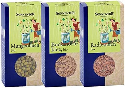 Bio-Sprossenset von Sonnentor mit Mungbohnen, Bockshornklee und Radieschen, jeweils 120 g, Saaten für keimende Sprossen.
