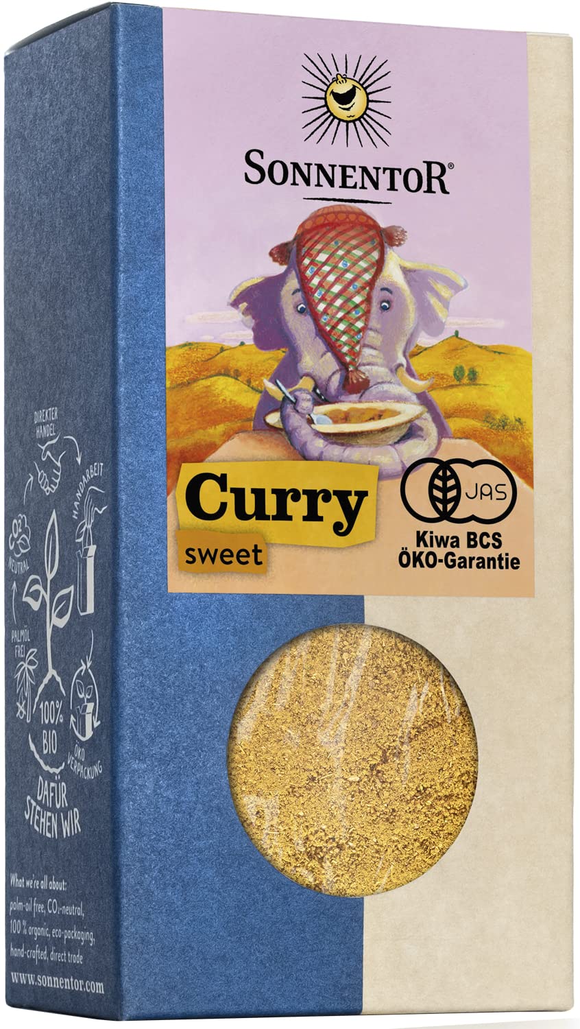 Sonnentor Bio Curry süß, 6x 50g, Gewürzmischung für das Kochen, in einer offenen Gewürzdose sichtbar
