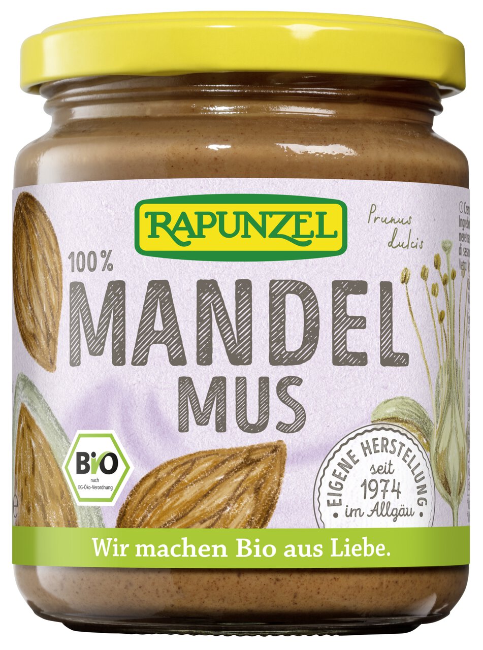 Bio Mandelmus von Rapunzel, 250g, cremige Mandelcreme zum Kochen, sichtbar in der Verpackung.