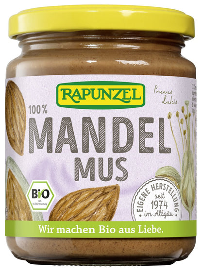 Bio Mandelmus von Rapunzel, 250g, cremige Mandelcreme zum Kochen, sichtbar in der Verpackung.