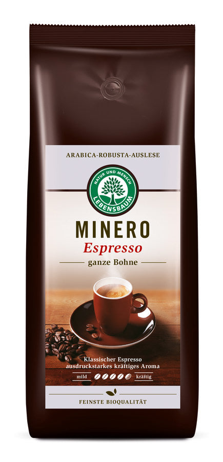 Lebensbaum Bio Espresso Minero Bohnen für Frühstück, 1kg, frisch geröstete Kaffeebohnen in einer Verpackung.