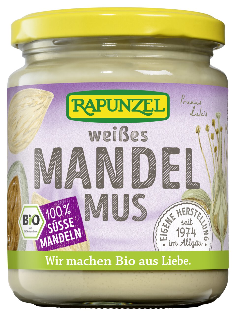 Weißes Bio-Mandelmus von Rapunzel in 250g Packung, cremige Konsistenz, ideales Bio-Kochprodukt aus Europa.