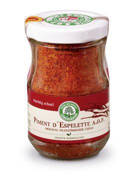 Lebensbaum Piment d'Espelette A.O.P., französischer Chili-Gewürz, in 50 g Verpackung, mit roten getrockneten Chilis.