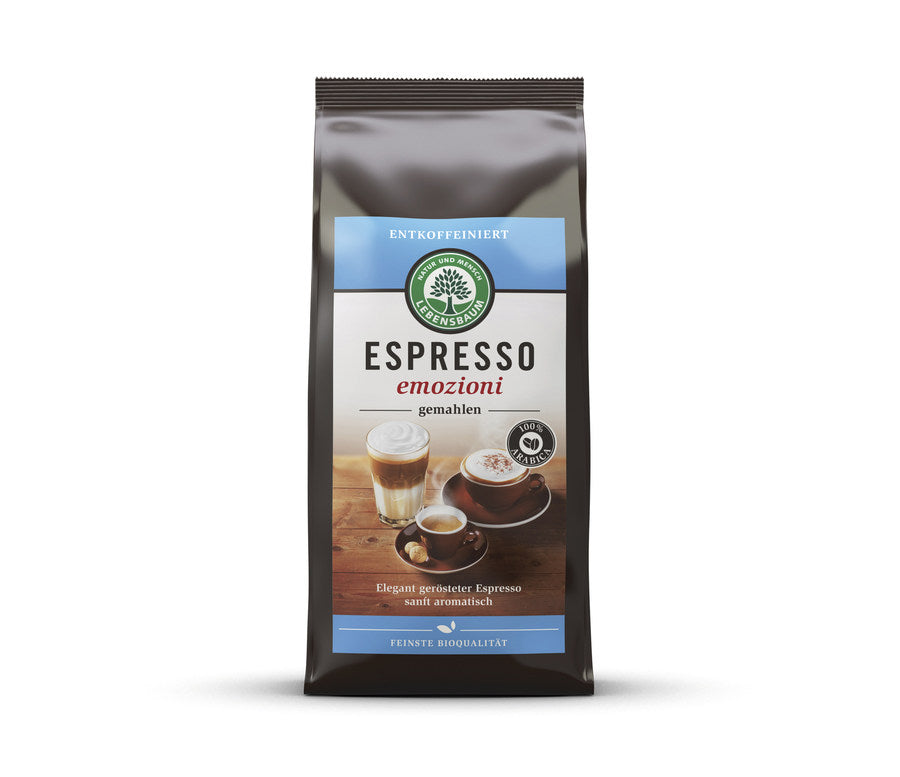 Lebensbaum bio Solea Espresso gemahlen, entkoffeiniert, für Frühstück, in Verpackung, dunkler Kaffee, für Espressozubereitung