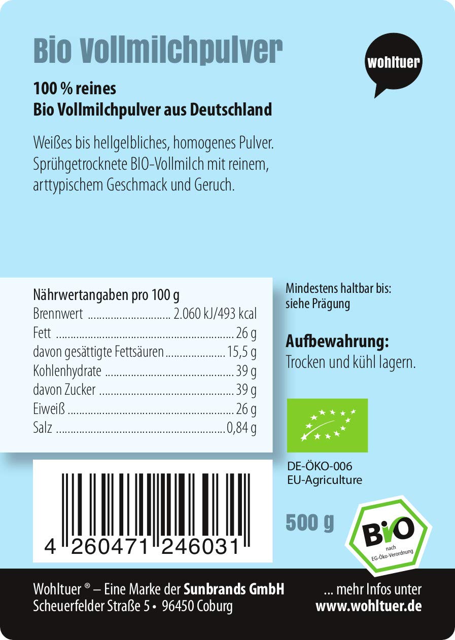 Wohltuer Bio Vollmilchpulver - gut löslich - 500g