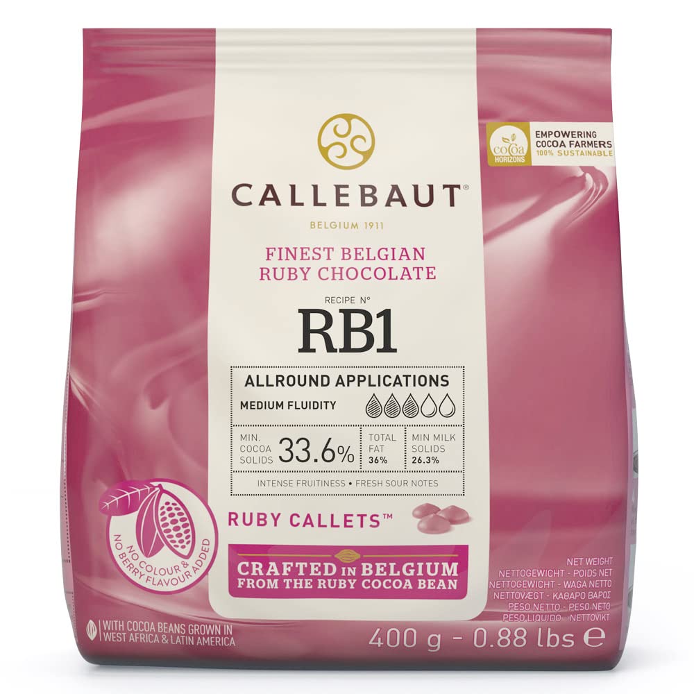 Callebaut RB1 Ruby Kuvertüre Callets zum Backen, 43,6 % Kakao, in 400g Packung, glänzende, rosa Schokoladenstückchen